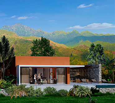 Render del proyecto Lomas del Río, donde se aprecia la calma de la montaña, la naturaleza imponente es el fondo de una casa campestre para disfrutar en familia.